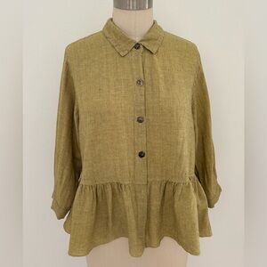 Kleen Peplum Cropped Top Linen Blend Light Chartreuse Subtle Black Stripe M